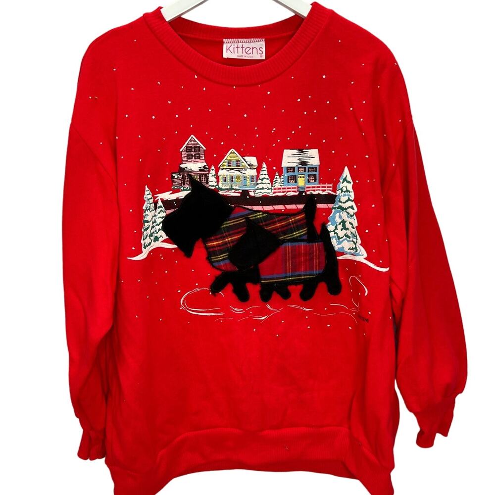 Vintage Kittens Brand Pullover Sweatshirt Red Scottie Dog Puff 3D Size L USA 80s